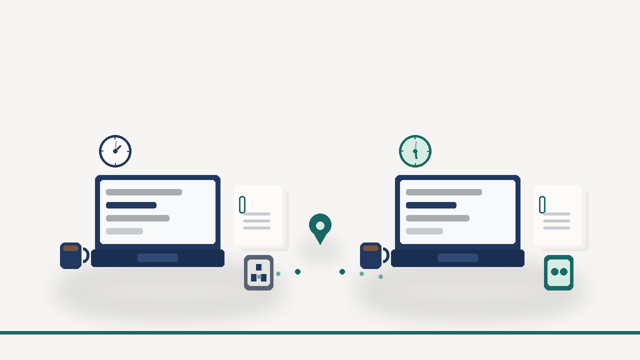 Two nearly identical desk setups joined by a map pin, with the second desk's clock and plug socket highlighted in teal