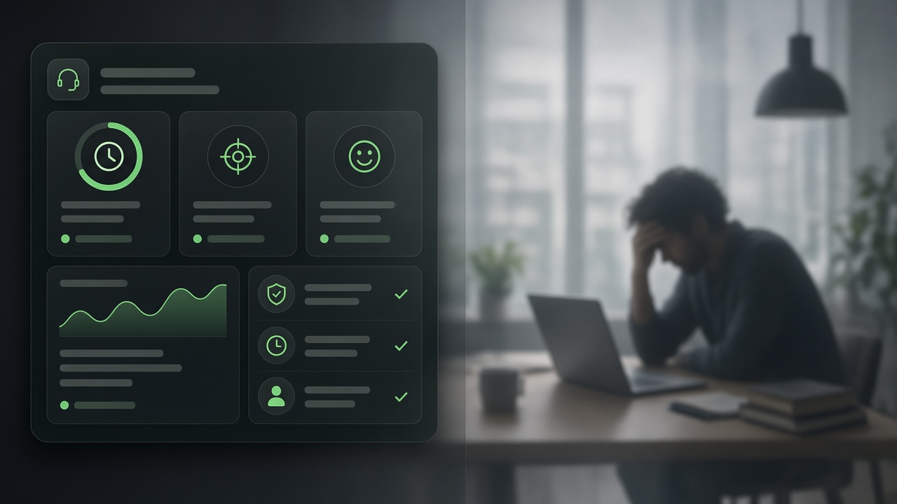 Green SLA dashboard beside a frustrated colleague on a Monday morning