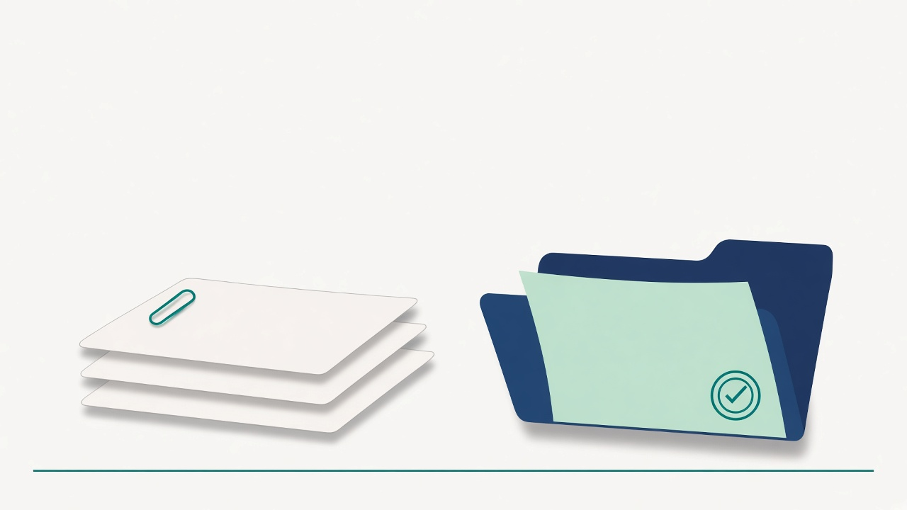 A stack of loose papers beside a navy folder with one sheet pulled out.